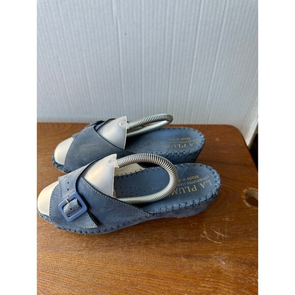 La Plume Shoes - La Plume Women's Size 38 Blue Leather Slip-On Sandals With Buckle Accent Sz 6.5